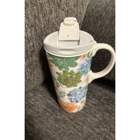 Fresh Succulents Ceramic Travel Cup With Handle - 5 x 7 x 4 Inches - Picture 2 of 3
